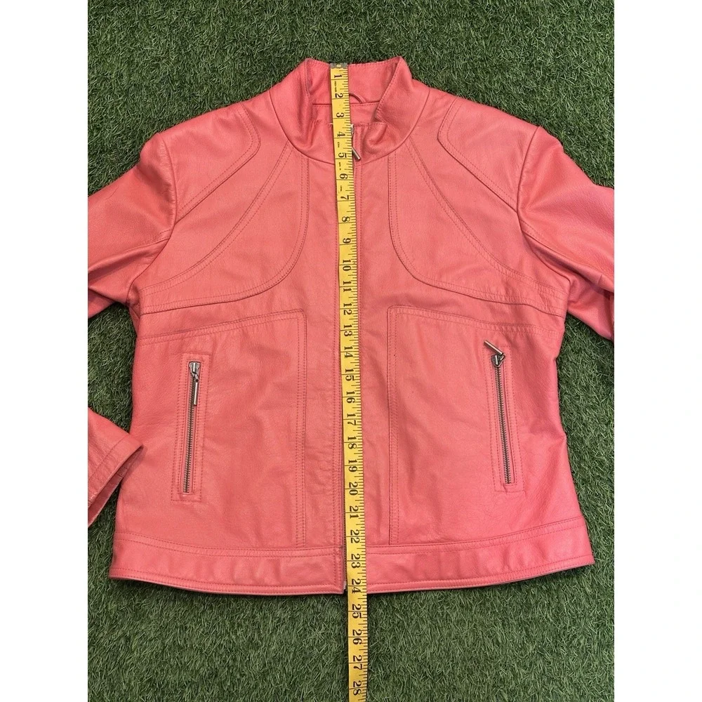Wilsons Leather Maxima Moto Jacket‎ Womens Large Orange Biker Collarless Zip Up